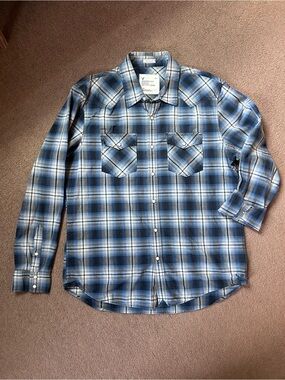 Men’s Sz Large American Eagle Blue Plaid Western Shirt Snap Front Long Sleeved